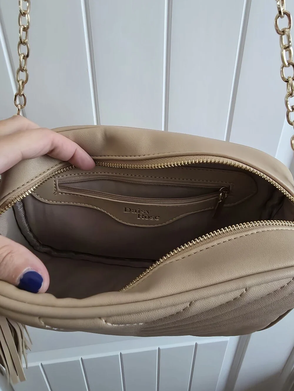 Beige Quilted Crossbody Bag with Gold Chain Strap